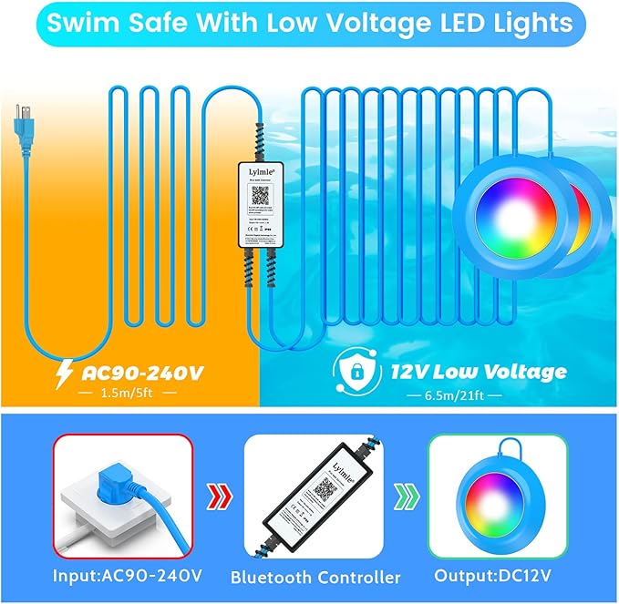 LyLmLe LED Pool Lights 40W Double Lights for Giant Pools, 12V APP Control Underwater Light with Magnet & Timer, 1600lm, IP68 Waterproof Submersible Light for Aboveground and Inground Pool