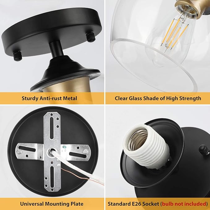 Modern Semi Flush Mount Ceiling Light with Clear Glass Shade, Industrial Close to Ceiling Light, Black Hanging Ceiling Light Fixture for Hallway, Bedroom, Dining Room, Entryway, Foyer