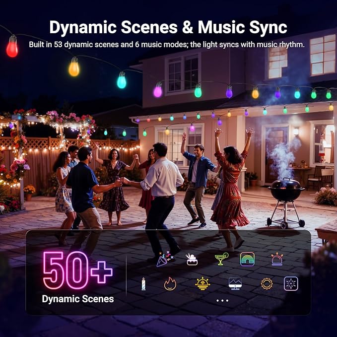 NEEWER 48ft Outdoor String Lights, App Control Smart AI RGBW Hanging Outside Patio Balcony Backyard Holiday Lighting, IP65 Waterproof, 15 LED Bulbs, 50+ Scenes, Compatible with Alexa Google, NR01
