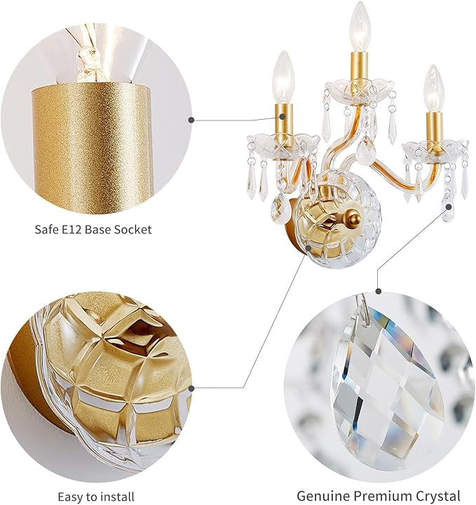 WUZUPS 3-Light Candle Vanity Wall Sconces Light Fixture for Bedroom Living Room Bathroom, E12 Base, Gold