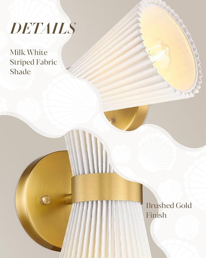 Wall Sconces Set of Two, HWH 14.3 Inch Gold Bathroom Light Fixtures with Milk White Striped Fabric Shade, Modern Wall Light fixtures for Living Room Bedroom, 5HZG97B-2W-2PK BG-FB
