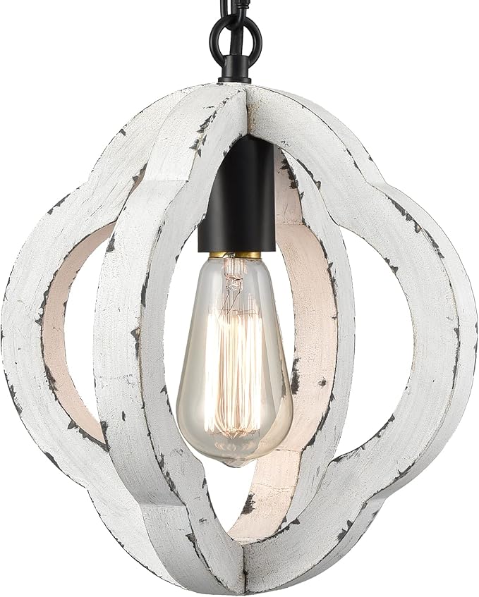 SAMTEEN Farmhouse Wood Pendant Light Distressed White Wood Chandelier Lighting with Adjustable Chain Wooden Hanging Light Fixtures for Kitchen Island Dining Room Bedroom