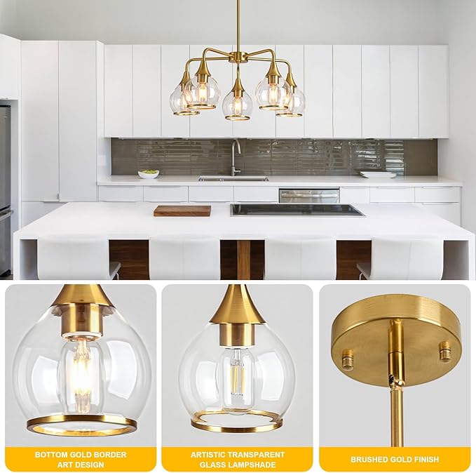 Island Light for Kitchen, 5-Light Gold Kitchen Island Linear Hanging Light Chandeliers Dining Room Light Fixture Over Table with Clear Round Glass Shades