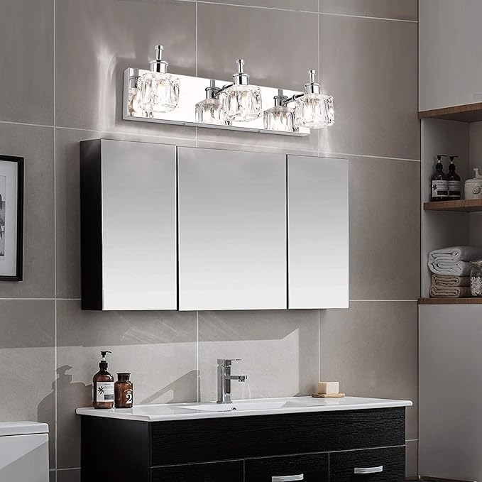 PRESDE Modern 3-Light Bathroom Vanity Lights Crystal Chrome Bathroom Lights Fixture Over Mirror LED Bath Wall Lighting