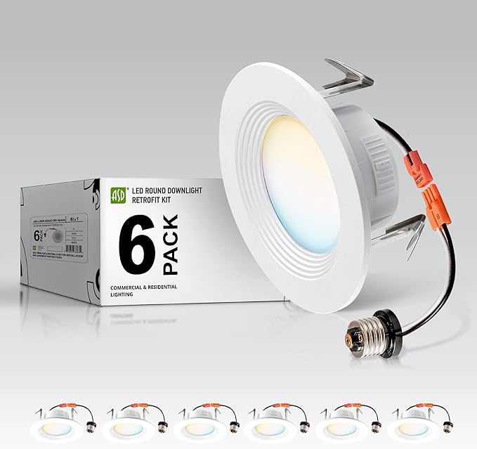 ASD 6 Pack 4 Inch Retrofit LED Recessed Light - 9W 2700K-5000K 700LM Retrofit LED Recessed Lighting 4 Inch, Dimmable Recessed Lights, Wet Rated Baffle Trim Can Lights, UL