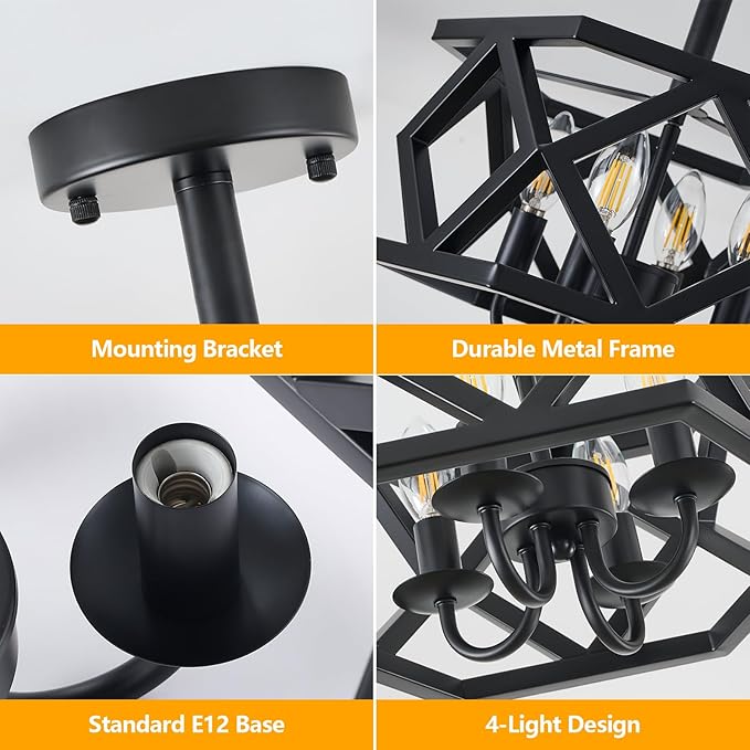 Black Semi Flush Mount Ceiling Light, Modern Foyer Lighting Fixture, 4-Light Metal Ceiling Lamp, Small Farmhouse Chandelier for Hallway Entryway Porch Bedroom Kitchen, E12 Base