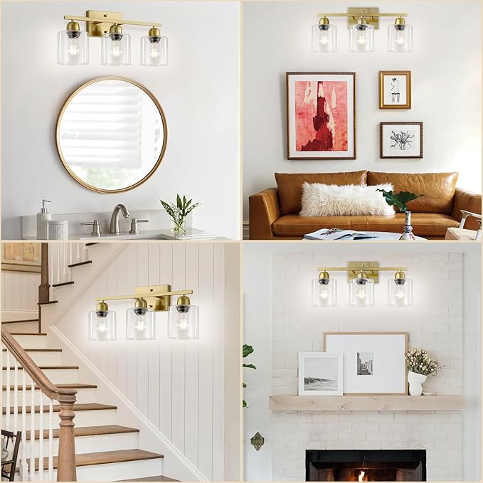 Modern Brushed Gold 3 Light Bathroom Light Fixtures, 19 inch Vanity Lights for Bathroom with Clear Glass, Bathroom Lighting Fixtures Over Mirror for Mirror Kitchen Living Room