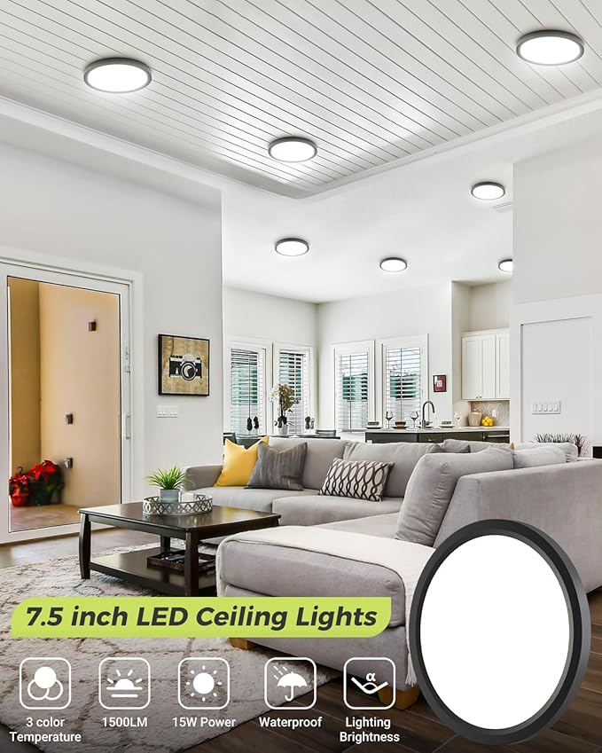 hepside 1PACK LED Flush Mount Ceiling Light, 3CCT Selectable 3000K-4000K-6500K & 100W Equivalent Modern Kitchen Ceiling Light Fixture 15W 1500Lm 7.5 Inch for Bathroom Closet Laundry Bedroom Hallway