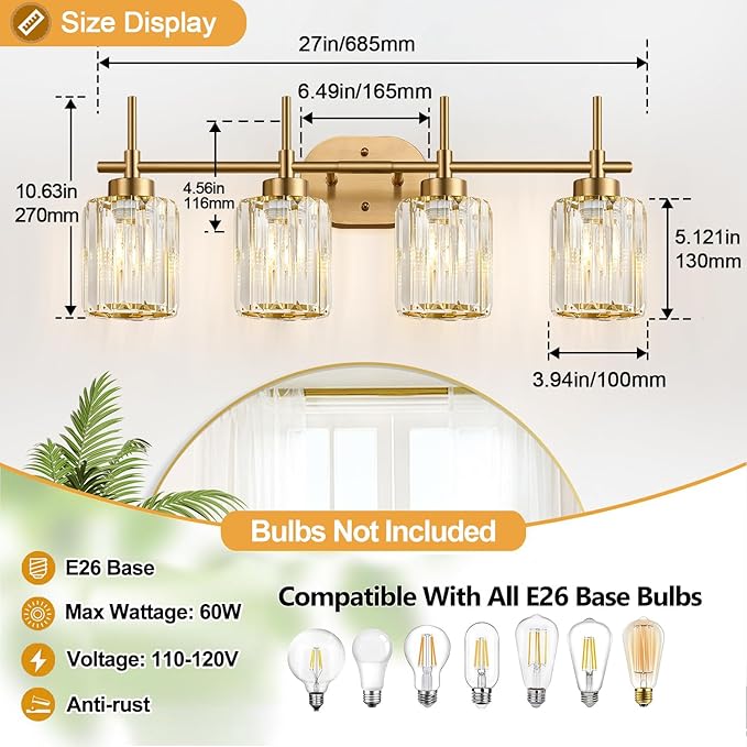 Modern Crystal Bathroom Vanity Light, 4-Light Gold Bathroom Light Fixtures Over Mirror, Crystal Vanity Light with Brushed Gold Finish (Bulbs Not Included)