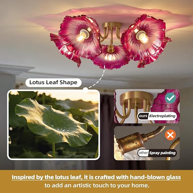 Flower Glass 5 Lights Ceiling Light - Red Vintage Floral Semi Flush Mount Chandelier Lighting Fixtures - Mid Century Modern Art Deco Lamp for Bedroom Bathroom Hallway Hall Laundry Kitchen Dining Room