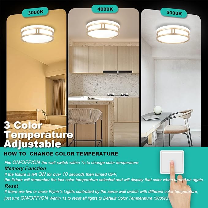 12.5 Inch LED Flush Mount Ceiling Light Fixture, 26W, Super Bright 1700 Lumens, 3 Color 3000K/4000K/5000K, Dimmable Ceiling Lamp for Bedroom Hallway Bathroom Kitchen (White Gold)