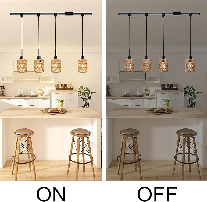 MELUCEE 4 Packs H-Type Track Hanging Light Black Ceiling Track Lighting Fixtures Rattan Pendant Light for Kitchen Island Dining Room Restaurant, Compatible with H Type Track Lighting Rail, E26 Socket