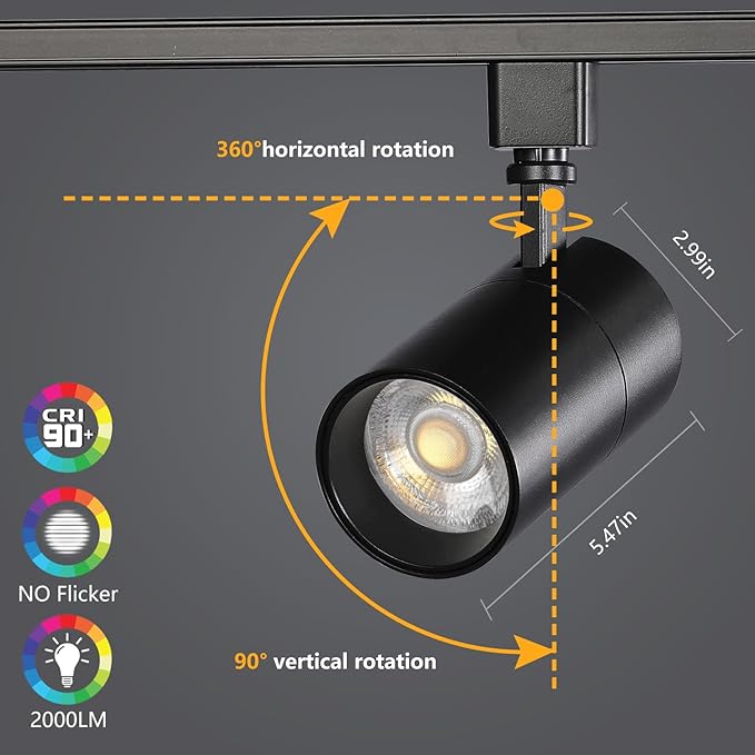 VANoopee 3-Color 20W J Type Track Lighting Heads Dimmable Bright LED Track Lighting Fixtures for Accent Task Retail Kitchen Ceiling Track Light 3000K 4000K 5000K - Flicker Free CRI90+ 36° 2000lm Black
