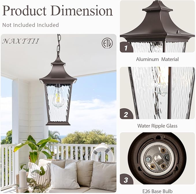 Outdoor Pendant Lights for Porch 16.5" Large Dusk to Dawn Outdoor Chandelier with Water Ripple Glass Oil Rubbed Bronze Modern Hanging Porch Light with Adjustable Chain E27 Socket