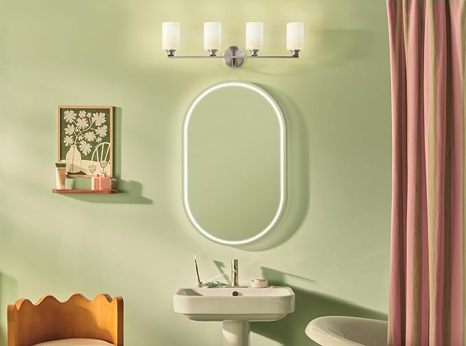Kichler Gioe 32.25 in 4-Light Bathroom Vanity Light Fixture with Opal Glass in Brushed Nickel, Modern Wall Mount Over Mirror for Powder Room, Damp Rated (32.25 in W x 10.5 in H), 55227NI