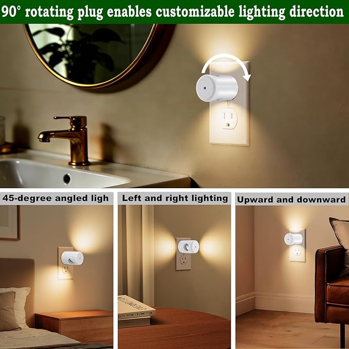4-Pack Motion Sensor Night Light, Plug-in Wall LED Nightlight with Dusk to Dawn Sensor, Auto On/Off, 2700K Warm White 100 Lumens, Rotatable Plug-in Design for Hallway Staircase Bathroom Kitchen