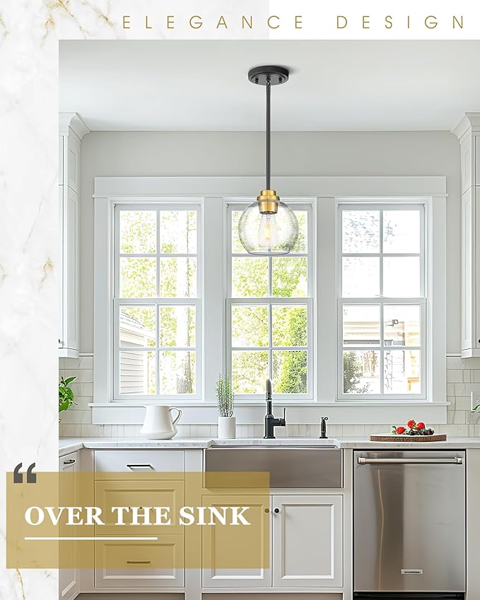 Pendant Lights Kitchen Island, 7" Black and Gold Hanging Lights Fixtures with Clear Glass Globe Shade, Modern Kitchen Island Lighting for Bathroom, AD-22280-1P-KG