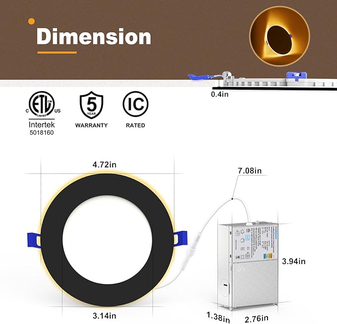 VOLISUN 6 Pack 4 Inch Black Recessed Light with Night Light, Canless LED Recessed Lighting 4 inch, 2700K-5000K Selectable, 9.5W=80W,810LM Soffit Lighting Outdoor Recessed Lights, ETL Certificated