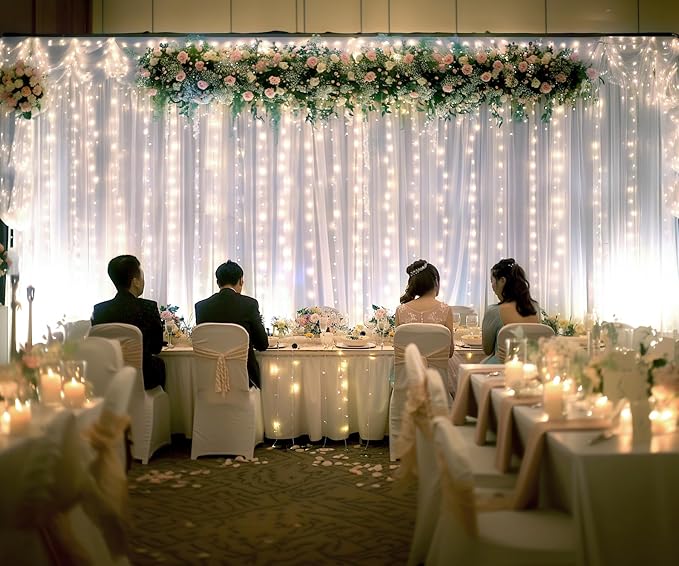 20ft X 8ft White Tulle Wedding Backdrop Curtains with Lights String 4 Panels White Sheer Backdrop Curtains for Parties Bridal Shower Baby Shower Birthday Christmas Photo Shoot Background Decorations