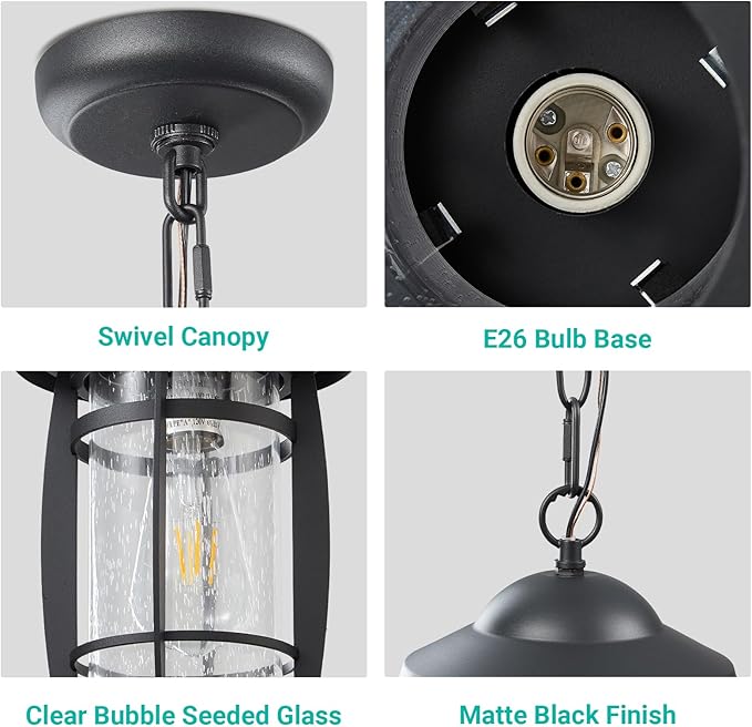 LOUSACE Outdoor Pendant Light - Adjustable Exterior Hanging Light Fixture Matte Black 1-Light Outdoor Chandelier Lantern Waterproof Aluminum with Seeded Glass for Front Porch, Gazebo, Patio, ETL List