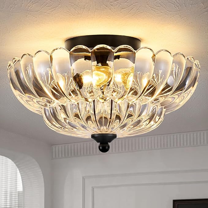 3-Light Semi Flush Mount Ceiling Light Fixture, Vintage Crystal Glass with Black Metal Frame, Modern Close-to-Ceiling Lighting for Bedroom Kitchen Living Room Hallway, E26 Base (Bulbs Not Included)