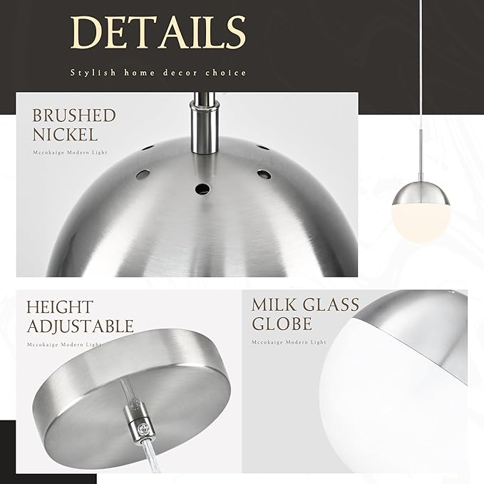 6 Inch Nickel 2 Pack Mid Century Modern Pendant Light Pendants for Kitchen Island Frosted Milky White Glass Globe Height-Adjustable Modern Hanging Globe Pendant Light for Bedroom (Bulb Incl)