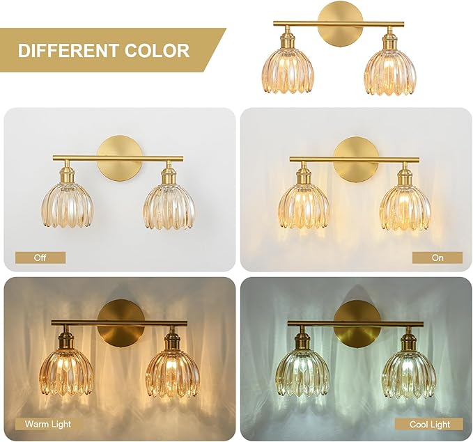 Gold Bathroom Light Fixtures Over Mirror, 2 Light Bathroom Vanity Light Fixture with Tulip Amber Glass Lampshade, Vintage Vanity Lights for Bathroom, Bathroom Vanity Lights Over Mirror