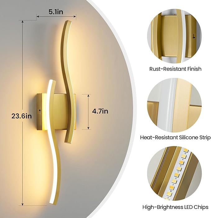 WOSHITU Gold LED Bathroom Vanity Lights: 23.6 Inch 24W Bathroom Lighting Fixtures Over Mirror 5CCT Dimmable 2700-5000K Vanity Lights Modern Bath Sconces Wall Light for Mirror Bedroom Living Room
