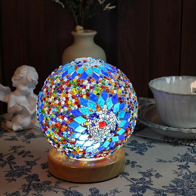 HAIDOLIANG Turkish Table lamp (D:4.7" x H:5.2"),Mosaic Glass Lamps with Wooden Base, Bohemian Tiffany Bedside Lamps, USB Power Moroccan Lantern for Living Room Decorations (Boho - Blue, Boho)