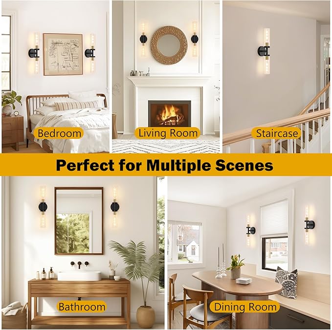 Baocuz Bathroom Light Fixtures, 2-Light Black and Gold Bathroom Vanity Lighting Over Mirror, Modern Wall Sconces Set of 2 with Clear Glass, Indoor Hardwired Wall Lamp for Bedroom, Living Room, Hallway