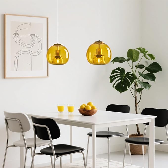 Yellow Glass Pendant Lights Kitchen Island Gold Hanging Light Fixture Glass Globe Pendant Light Modern Pendant Lighting for Kitchen Island Bedroom Dining Room (7.87", 1 Pack)