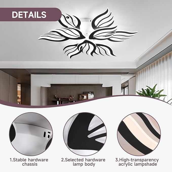 Becailyer 9-Petals Modren LED Ceiling Lights, 75W Dimmable Flower Shape Ceiling Lamp with Remote Control, 33.4" Flush Mount Ceiling Lighting Fixtures for Living Room Dining Room Bedroom Office, Black