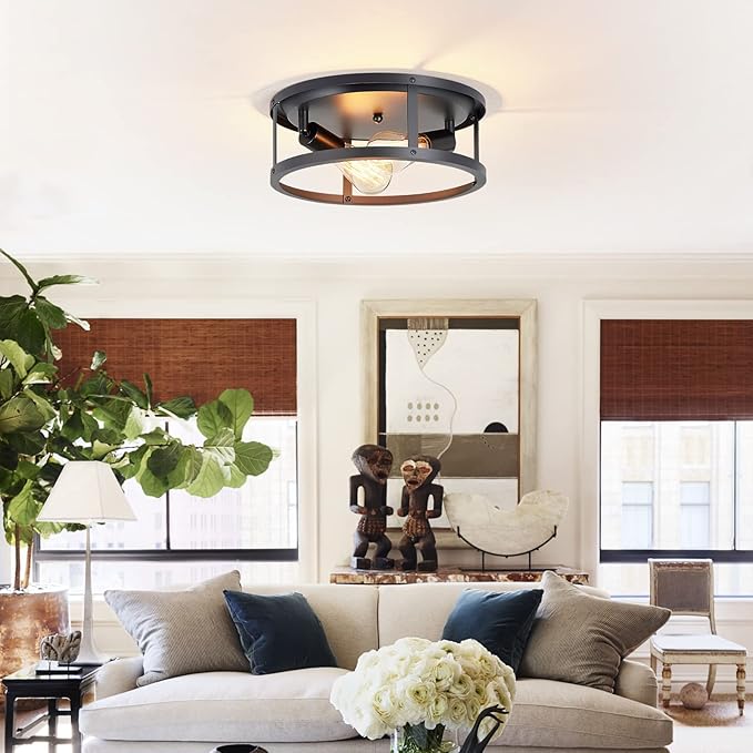 2 Pack Flush Mount Ceiling Light,13 Inch Industrial Farmhouse Ceiling Light Fixture,2-Light Matte Black Flush Mount Light Fixture for Kitchen Dining Room Entryway Hallway,E26 Base