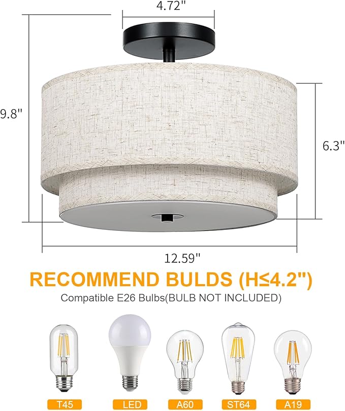 FRIDEKO HOME 3 Light Semi Flush Mount Ceiling Light Modern Close to Ceiling Light Fixture with 2-Layer Fabric Shade Light Fixtures Ceiling Mount for Bedroom Living Room Kitchen Foyer Hallway
