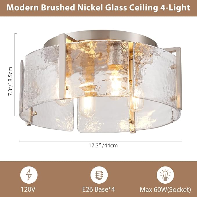 17.3“ Semi Flush Mount Ceiling Light Fixture Brushed Nickel 4-Light Modern Water Ripple Chandelier Glass Light Fixture for Entryway Hallway Kitchen Island Dining Room Foyer Bedroom Hallway