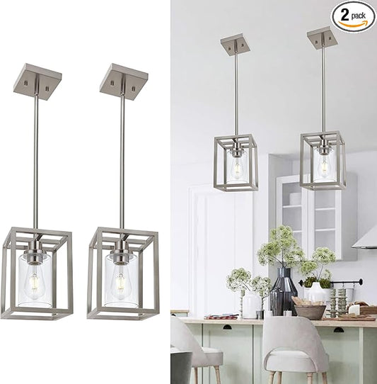 MELUCEE 2 Pack Modern Pendant Light Fixtures for Kitchen Island Brushed Nickel Dining Table Light Bathroom Ceiling Light, 1-Light Small Chandeliers with Clear Glass Shade