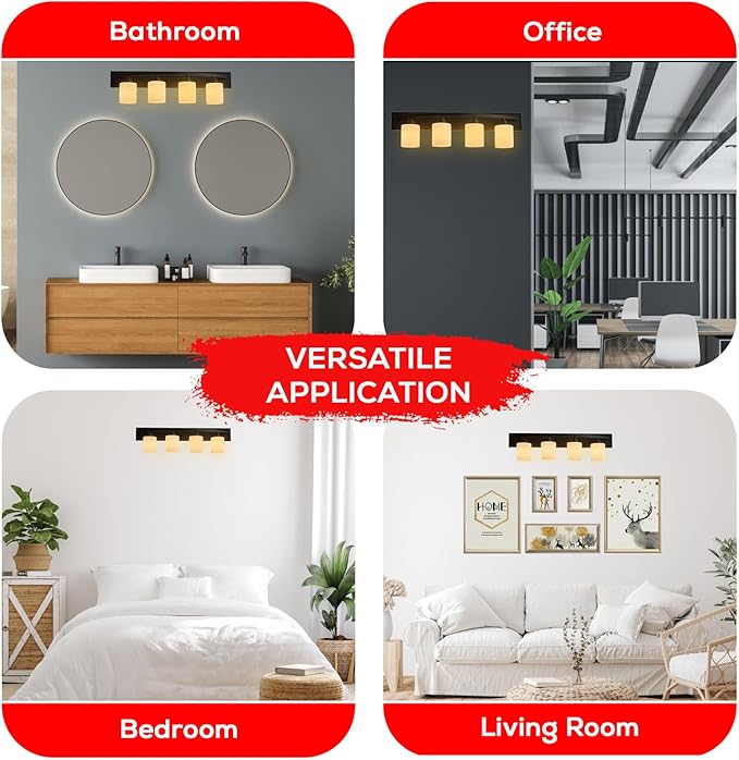 The Door Bull Modern 4-Light Bathroom Vanity Light – Matte Black Fixture with Frosted Glass Shades, E26 Socket – Wall Sconce for Mirror, Bathroom, Kitchen, Hallway, Entryway