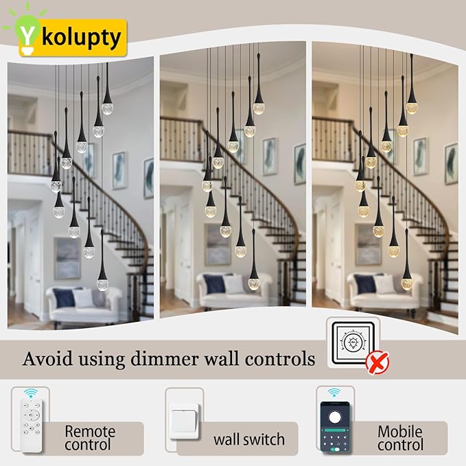 ykolupty 9-Lights Black Pendant Chandliers 100'' High Staircase Ceiling Chandeliers Crystal Bubble Raindrop Lighting Chandelier Ceiling Living Room Dimmable 2700-6000k LED Dining Lighting