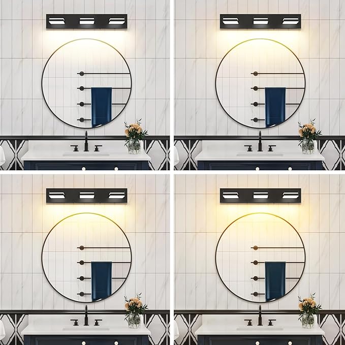 Bathroom Vanity Lighting Fixtures Over Mirror (3-Light, 24-Inch) Dimmable Modern LED Bathroom Wall Lighting Fixtures, Matte Black (3000K/3500K/4000K/5000K/6000K)
