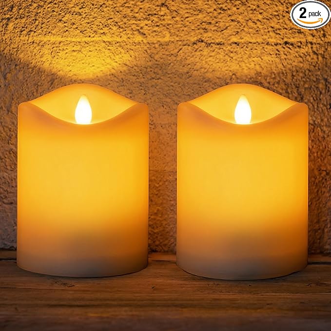 Solar Candles Outdoor Waterproof,Flameless Pillar IP65 Waterproof White Fake Candle,Dusk to Dawn,Solar Powered LED Candles for Patio Yard Table Deck Window Outdoor Lantern Decor,3"x4", Set of 2