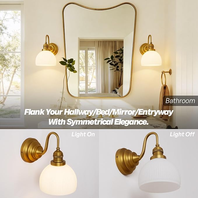 Gold Wall Sconces,Hardwire Bathroom Vanity Light with Striped Bowl Milk Glass Vintage Brass Wall Mounted Lamp Lights for Bathroom Mirror Living Room Bedroom Kitchen E26 Indoor
