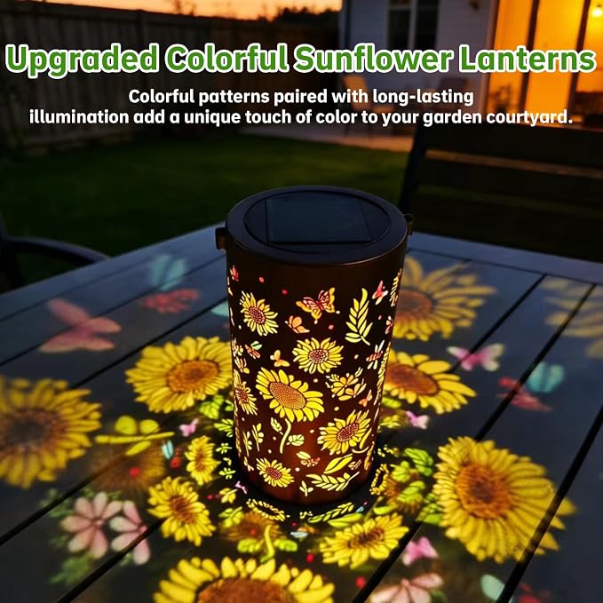 Colorful Sunflower Solar Lantern Outdoor Waterproof Garden Decorative Light, Hanging & Tabletop Solar Powered Lantern with Projection Pattern for Patio Garden Yard Balcony(Sunflower)