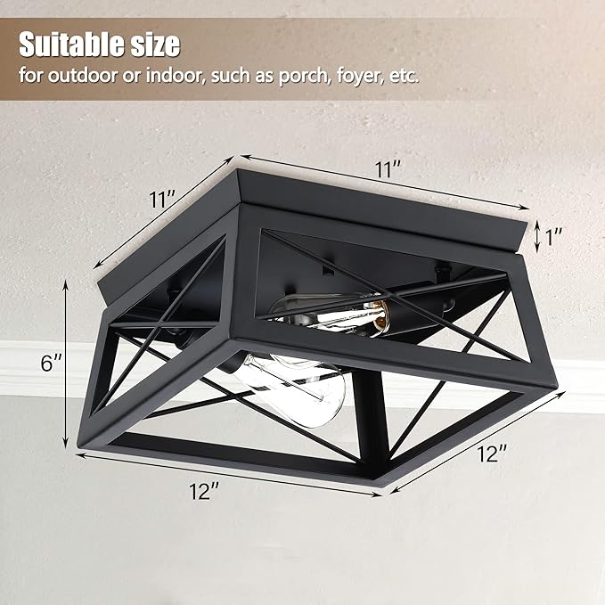 Pia Ricco Flush Mount, Modern Industrial Square Ceiling Light for Outdoor Porch, Indoor Kitchen, Hallway, Entry - Black Rustic Style, 2-Light