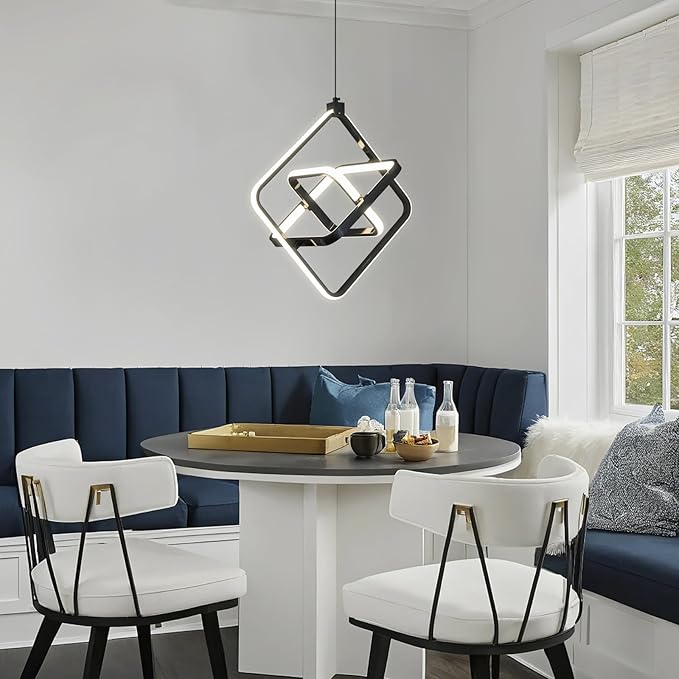 Modern LED Pendant Light Black Pendant Lights 4000K 35W Dimmable External Glow Height Adjustable Pendant Lighting Rectangle Chandelier for Kitchen Island Dining Room Bedroom Foyer（3-Ring）