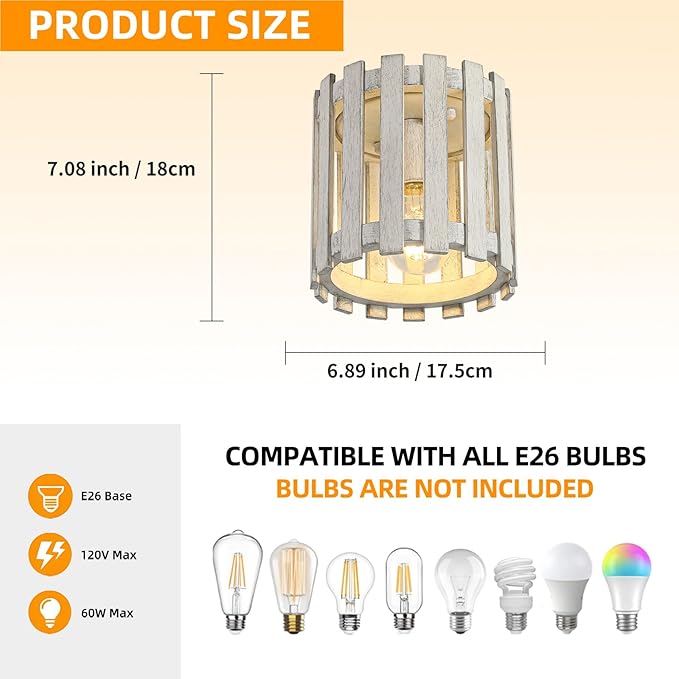 Rustic Flush Mount Ceiling Light, Farmhouse Wood Cage Semi Flush Mount Light for Entryway, Kitchen, Dining Room, White