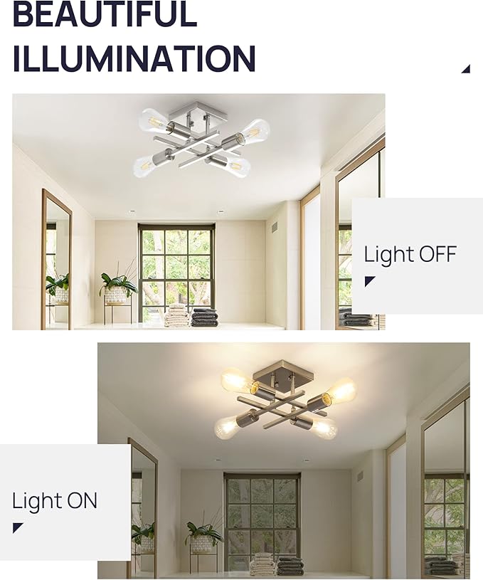 Industrial 4-Light Semi Flush Mount Ceiling Light Fixture, Modern Brushed Nickel Chandelier Lighting Sputnik Ceiling Lamp with E26 Bulb Base for Kitchen Bedroom Living Room Hallway Entryway