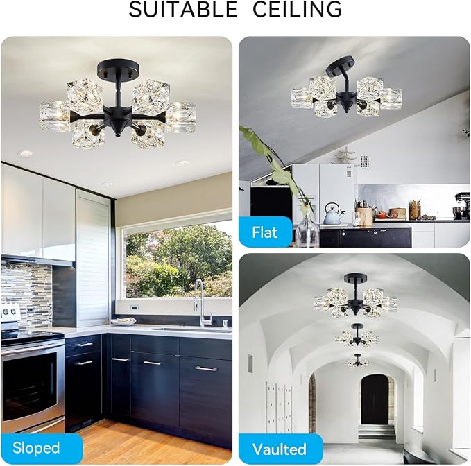 XINGQI Modern Sputnik Chandelier 6-Lights Black Ceiling Light Fixture Small Farmhouse Semi Flush Mount Ceiling Light Glass Industrial Lighting for Hallway Dining Room Living Room Kitchen Bedroom