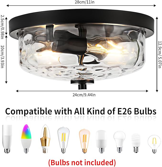 Black Flush Mount Ceiling Light, Farmhouse Hallway Light Fixtures with Water Ripple Glass Shade 2-Light Outdoor Flush Mount Lights for Porch Ceiling, Kitchen, Foyer, Entryway, Dining Room