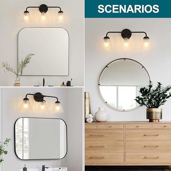 Modern Black Bathroom Vanity Light, 3-Light Wall Sconce with Clear Ribbed Glass Shades, Farmhouse Industrial Light Fixture for Bathroom, Vanity Mirror, Powder Room, Hallway (black, Powder Coated, 3)