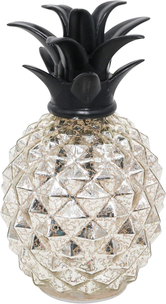 Romingo Mercury Glass Pineapple Lamp 9 Inch Batteries Operated Night Light with Timer for Living Bed Room, Women's Gift for Wife Girl Friend Silver
